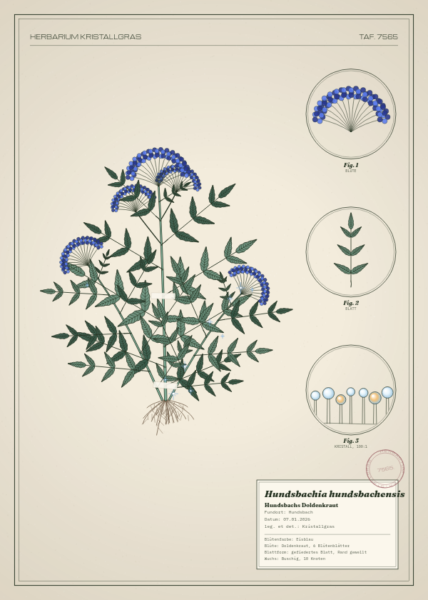 Botanische Tafel: Hundsbachia hundsbachensis, eine erfundene Pflanze aus Hundsbach, gezeichnet wie in einem alten Pflanzenatlas