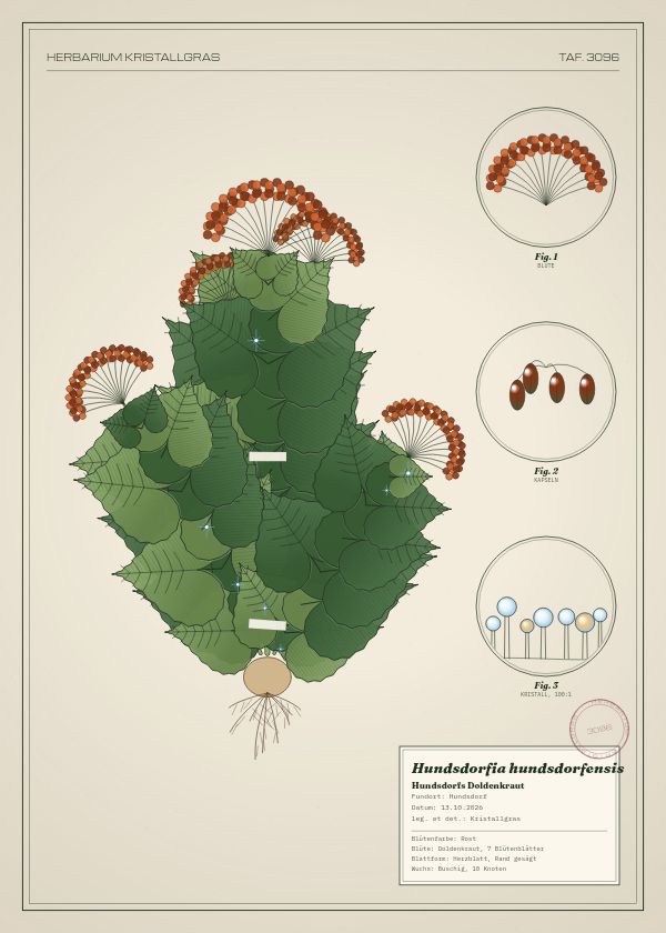 Botanische Tafel: Hundsdorfia hundsdorfensis, eine erfundene Pflanze aus Hundsdorf, gezeichnet wie in einem alten Pflanzenatlas