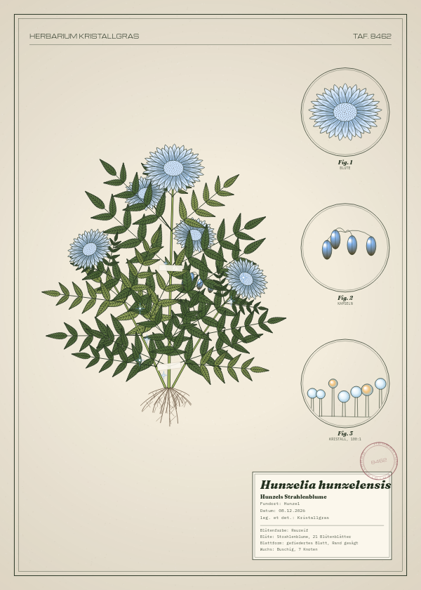 Botanische Tafel: Hunzelia hunzelensis, eine erfundene Pflanze aus Hunzel, gezeichnet wie in einem alten Pflanzenatlas