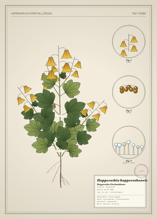Botanische Tafel: Hupperathia hupperathensis, eine erfundene Pflanze aus Hupperath, gezeichnet wie in einem alten Pflanzenatlas