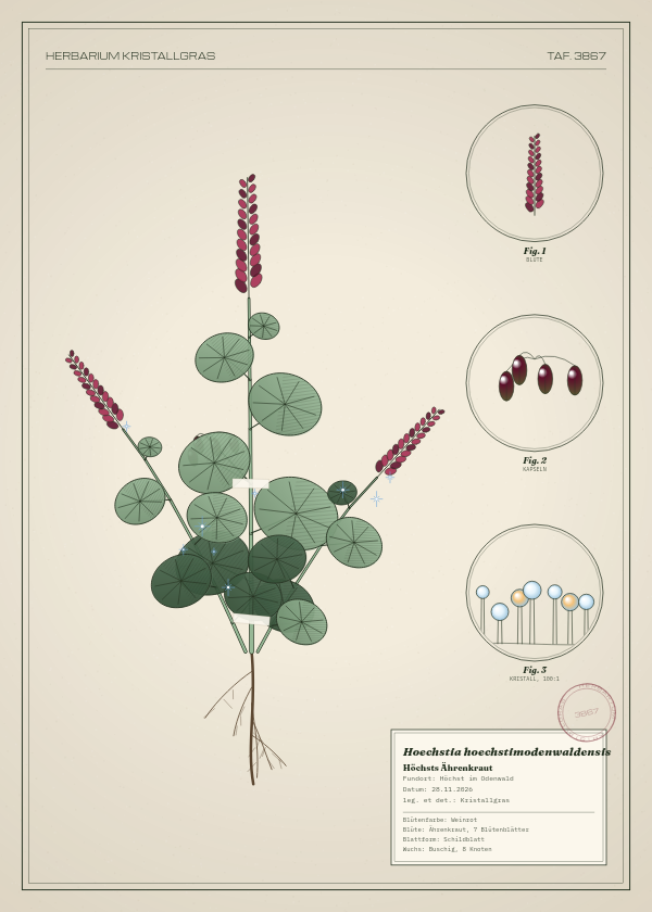 Botanische Tafel: Hoechstia hoechstimodenwaldensis, eine erfundene Pflanze aus Höchst im Odenwald, gezeichnet wie in einem alten Pflanzenatlas