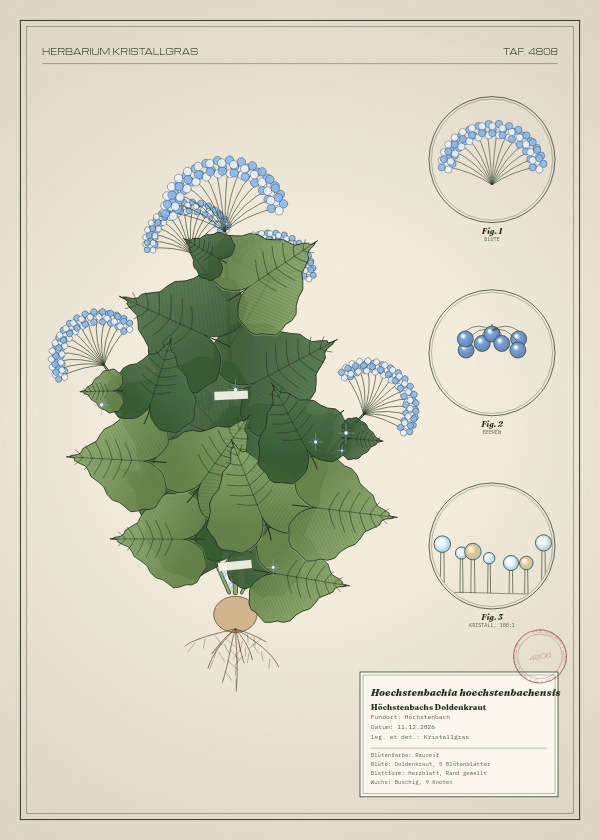 Botanische Tafel: Hoechstenbachia hoechstenbachensis, eine erfundene Pflanze aus Höchstenbach, gezeichnet wie in einem alten Pflanzenatlas