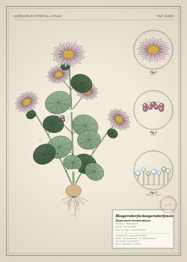 Botanische Tafel: Hoegersdorfia hoegersdorfensis, eine erfundene Pflanze aus Högersdorf, gezeichnet wie in einem alten Pflanzenatlas