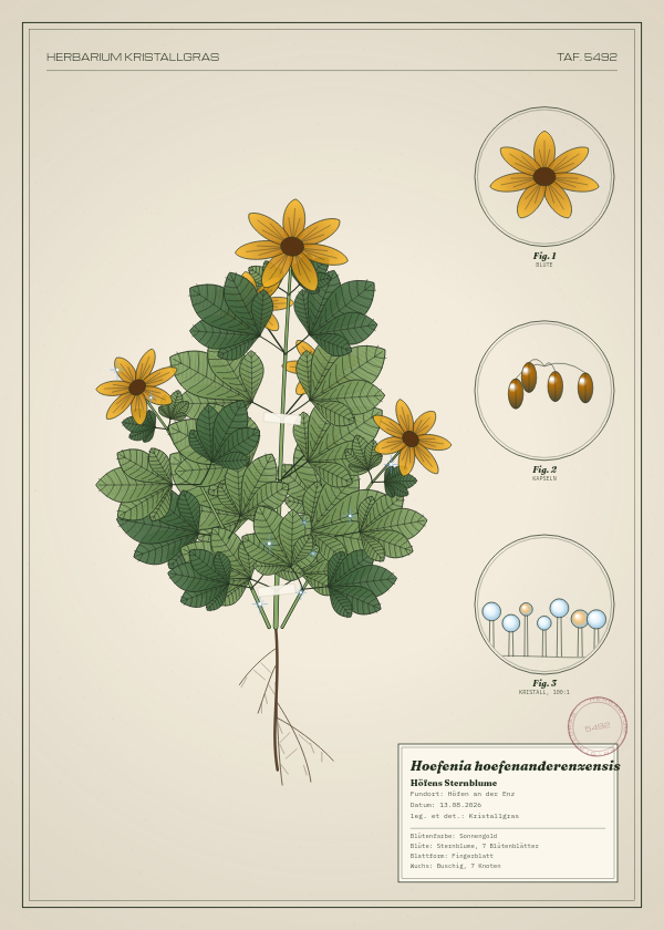 Botanische Tafel: Hoefenia hoefenanderenzensis, eine erfundene Pflanze aus Höfen an der Enz, gezeichnet wie in einem alten Pflanzenatlas