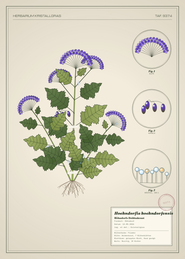 Botanische Tafel: Hoehndorfia hoehndorfensis, eine erfundene Pflanze aus Höhndorf, gezeichnet wie in einem alten Pflanzenatlas