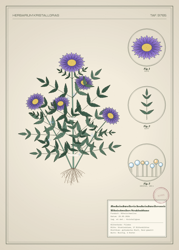 Botanische Tafel: Hoeheischweileria hoeheischweilerensis, eine erfundene Pflanze aus Höheischweiler, gezeichnet wie in einem alten Pflanzenatlas