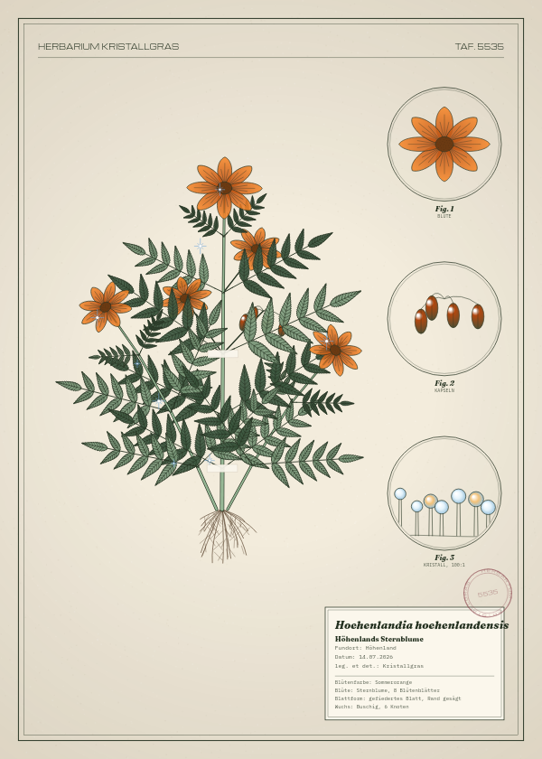 Botanische Tafel: Hoehenlandia hoehenlandensis, eine erfundene Pflanze aus Höhenland, gezeichnet wie in einem alten Pflanzenatlas