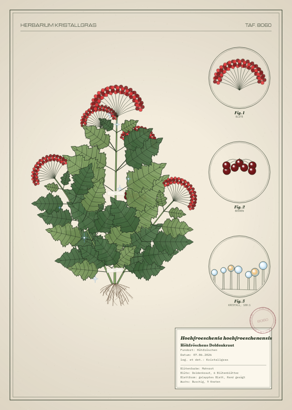 Botanische Tafel: Hoehfroeschenia hoehfroeschenensis, eine erfundene Pflanze aus Höhfröschen, gezeichnet wie in einem alten Pflanzenatlas