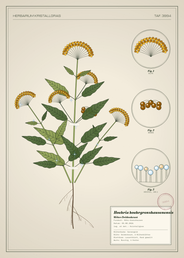 Botanische Tafel: Hoehria hoehrgrenzhausenensis, eine erfundene Pflanze aus Höhr-Grenzhausen, gezeichnet wie in einem alten Pflanzenatlas