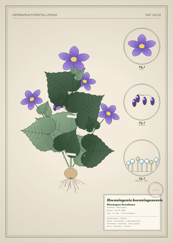 Botanische Tafel: Hoenningenia hoenningenensis, eine erfundene Pflanze aus Hönningen, gezeichnet wie in einem alten Pflanzenatlas