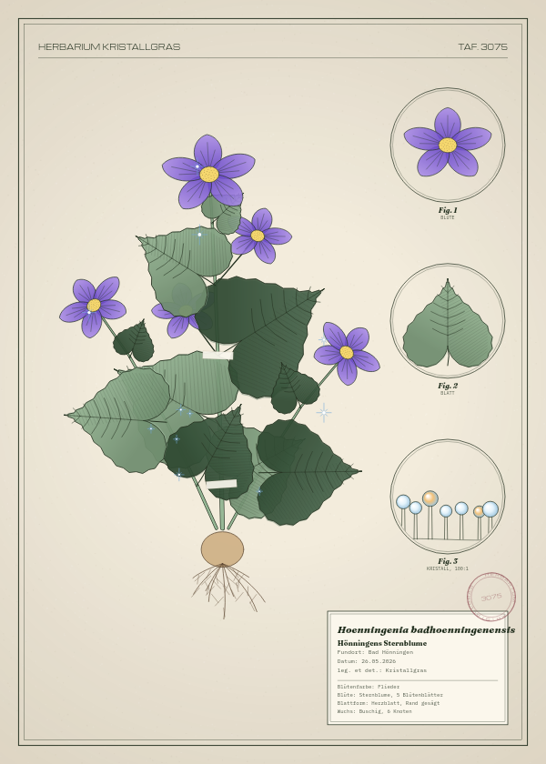 Botanische Tafel: Hoenningenia badhoenningenensis, eine erfundene Pflanze aus Bad Hönningen, gezeichnet wie in einem alten Pflanzenatlas