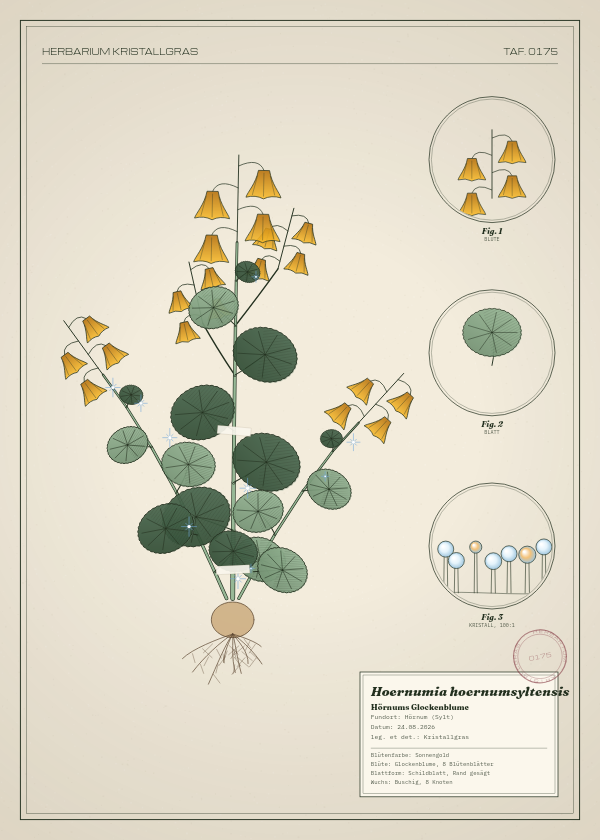 Botanische Tafel: Hoernumia hoernumsyltensis, eine erfundene Pflanze aus Hörnum (Sylt), gezeichnet wie in einem alten Pflanzenatlas
