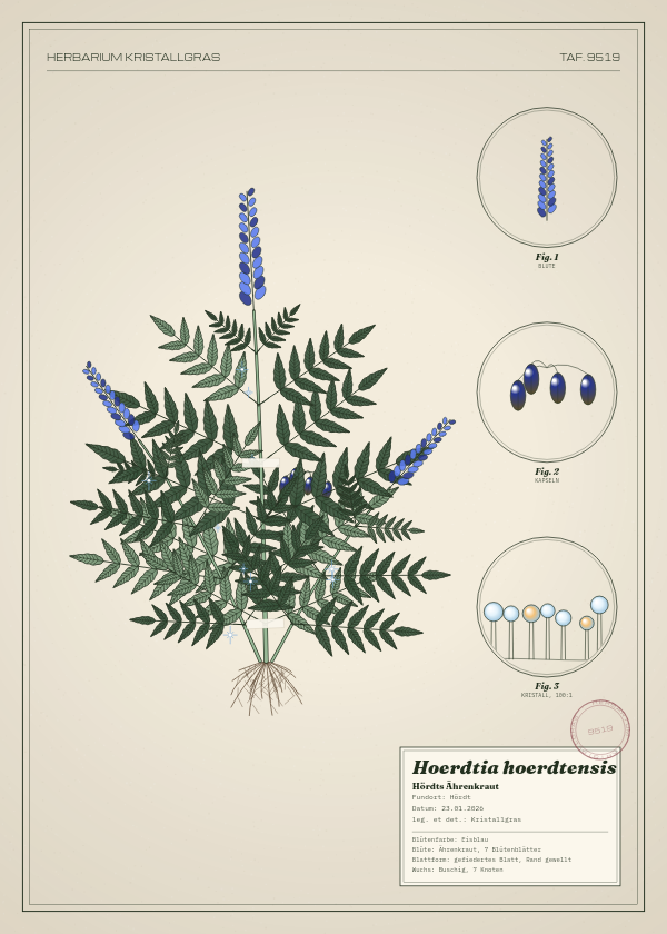 Botanische Tafel: Hoerdtia hoerdtensis, eine erfundene Pflanze aus Hördt, gezeichnet wie in einem alten Pflanzenatlas