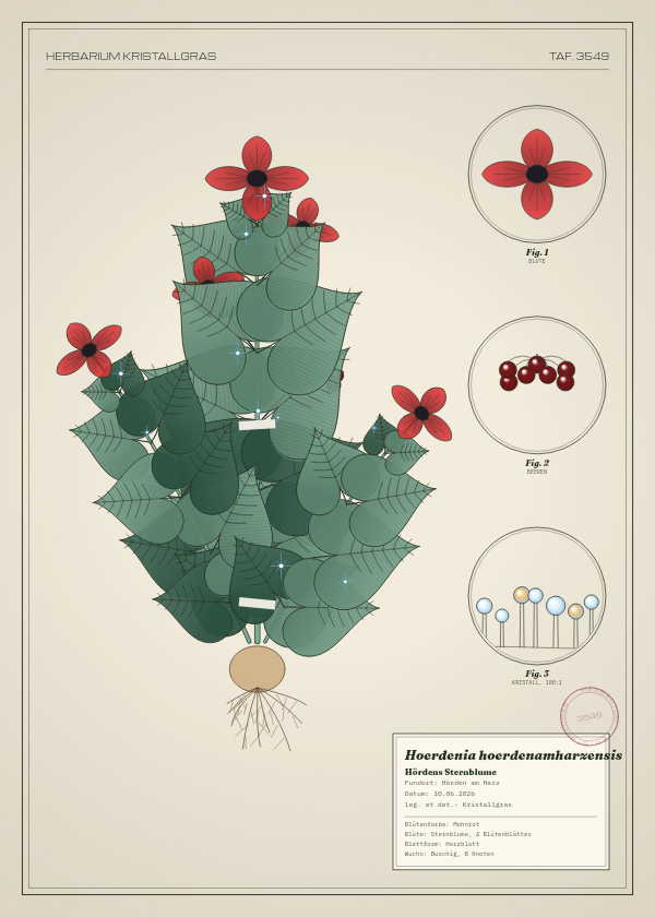 Botanische Tafel: Hoerdenia hoerdenamharzensis, eine erfundene Pflanze aus Hörden am Harz, gezeichnet wie in einem alten Pflanzenatlas