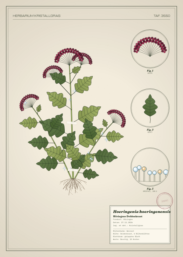 Botanische Tafel: Hoeringenia hoeringenensis, eine erfundene Pflanze aus Höringen, gezeichnet wie in einem alten Pflanzenatlas