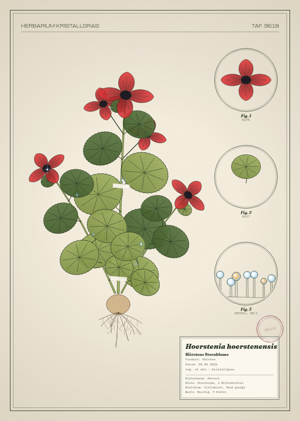 Botanische Tafel: Hoerstenia hoerstenensis, eine erfundene Pflanze aus Hörsten, gezeichnet wie in einem alten Pflanzenatlas