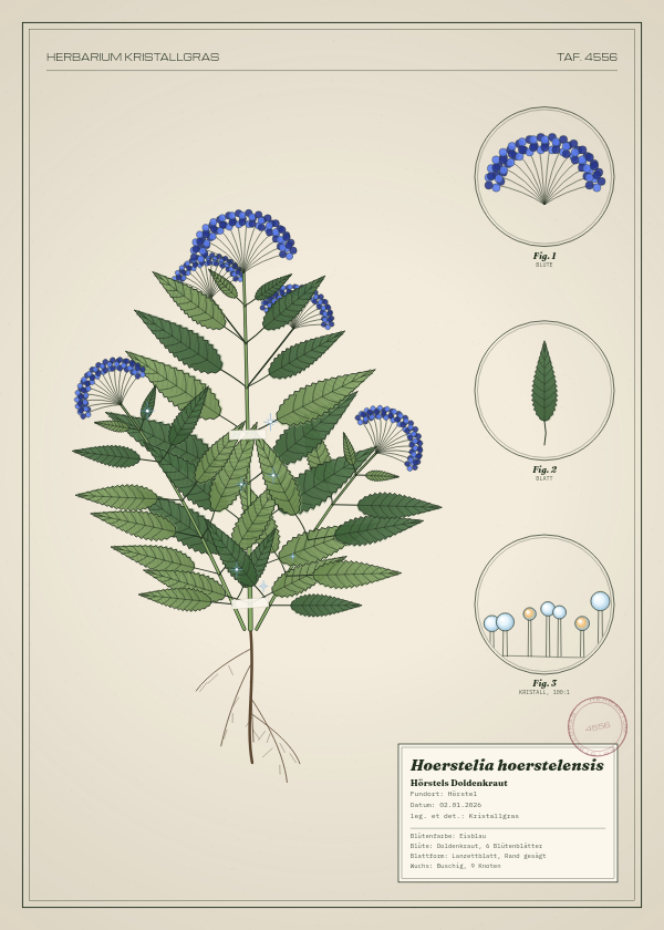 Botanische Tafel: Hoerstelia hoerstelensis, eine erfundene Pflanze aus Hörstel, gezeichnet wie in einem alten Pflanzenatlas