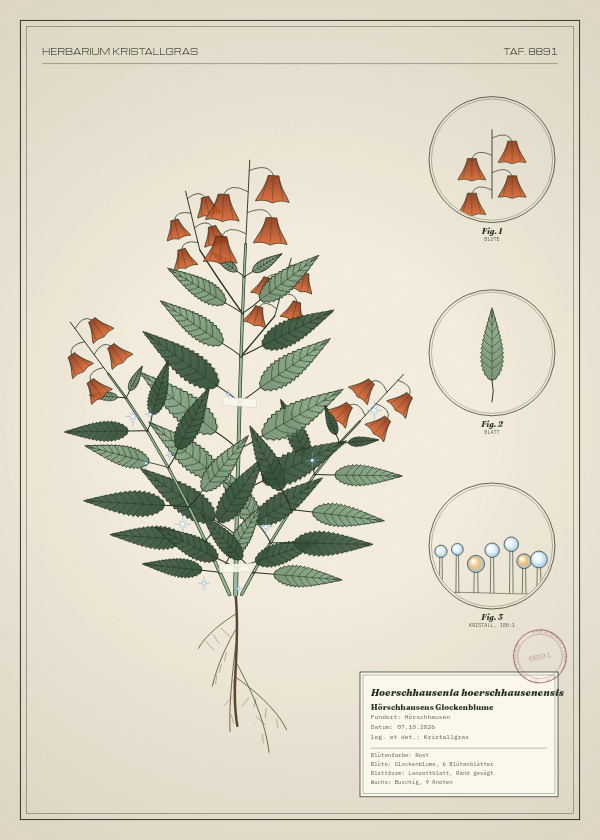 Botanische Tafel: Hoerschhausenia hoerschhausenensis, eine erfundene Pflanze aus Hörschhausen, gezeichnet wie in einem alten Pflanzenatlas