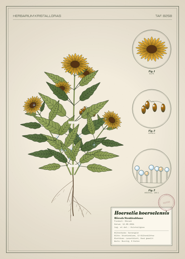 Botanische Tafel: Hoerselia hoerselensis, eine erfundene Pflanze aus Hörsel, gezeichnet wie in einem alten Pflanzenatlas