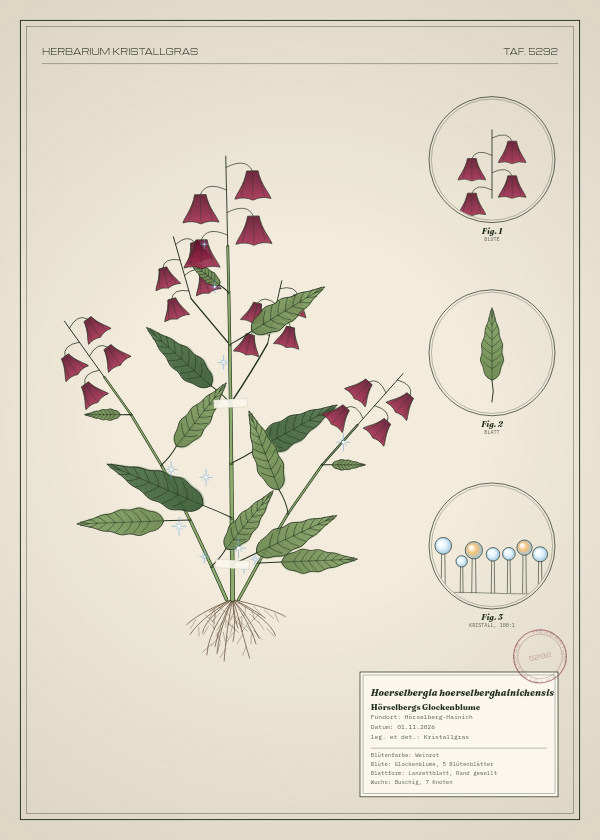 Botanische Tafel: Hoerselbergia hoerselberghainichensis, eine erfundene Pflanze aus Hörselberg-Hainich, gezeichnet wie in einem alten Pflanzenatlas