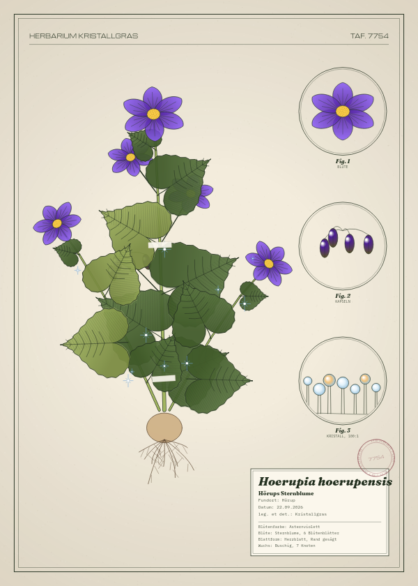 Botanische Tafel: Hoerupia hoerupensis, eine erfundene Pflanze aus Hörup, gezeichnet wie in einem alten Pflanzenatlas