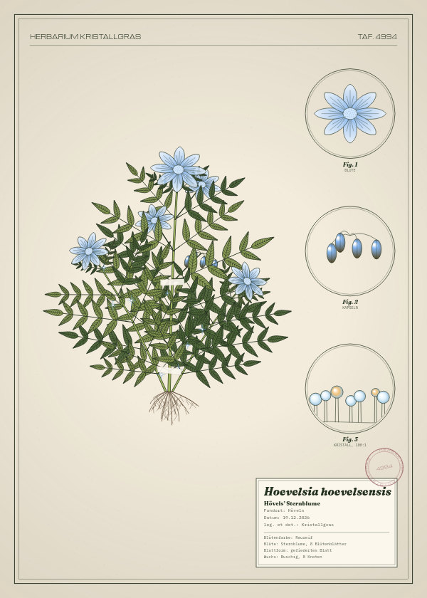Botanische Tafel: Hoevelsia hoevelsensis, eine erfundene Pflanze aus Hövels, gezeichnet wie in einem alten Pflanzenatlas