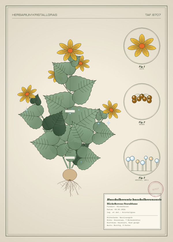 Botanische Tafel: Hueckelhovenia hueckelhovenensis, eine erfundene Pflanze aus Hückelhoven, gezeichnet wie in einem alten Pflanzenatlas