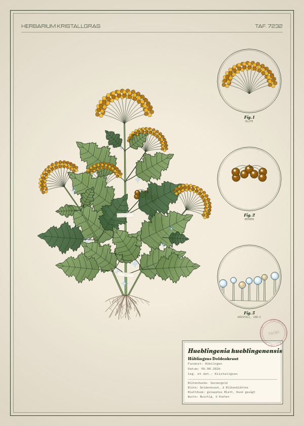 Botanische Tafel: Hueblingenia hueblingenensis, eine erfundene Pflanze aus Hüblingen, gezeichnet wie in einem alten Pflanzenatlas