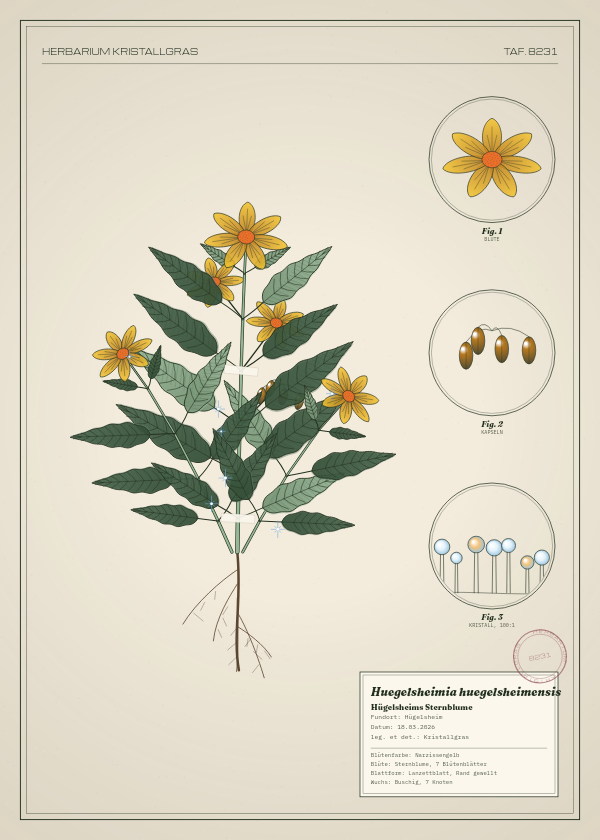 Botanische Tafel: Huegelsheimia huegelsheimensis, eine erfundene Pflanze aus Hügelsheim, gezeichnet wie in einem alten Pflanzenatlas