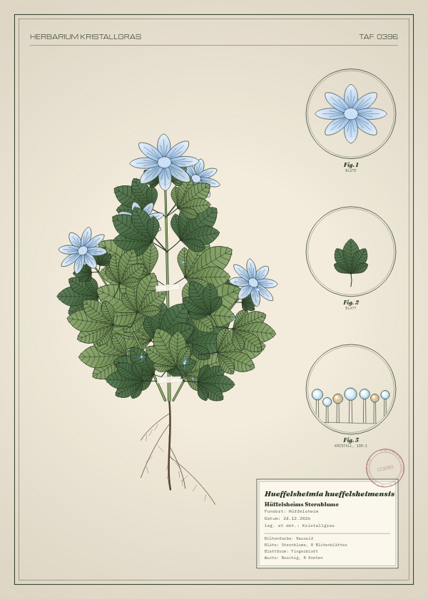 Botanische Tafel: Hueffelsheimia hueffelsheimensis, eine erfundene Pflanze aus Hüffelsheim, gezeichnet wie in einem alten Pflanzenatlas