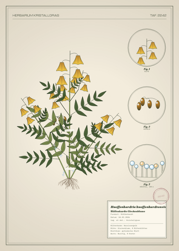 Botanische Tafel: Hueffenhardtia hueffenhardtensis, eine erfundene Pflanze aus Hüffenhardt, gezeichnet wie in einem alten Pflanzenatlas