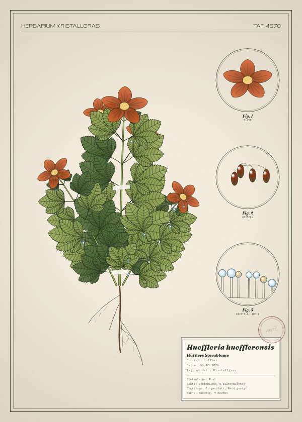 Botanische Tafel: Hueffleria huefflerensis, eine erfundene Pflanze aus Hüffler, gezeichnet wie in einem alten Pflanzenatlas