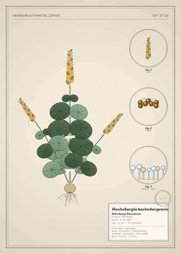 Botanische Tafel: Huelseburgia huelseburgensis, eine erfundene Pflanze aus Hülseburg, gezeichnet wie in einem alten Pflanzenatlas
