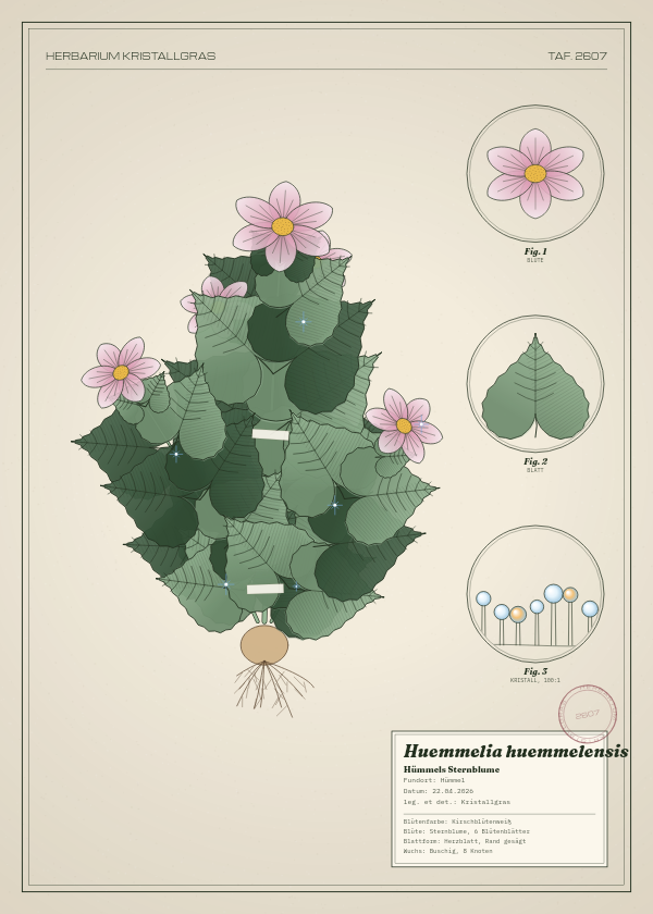 Botanische Tafel: Huemmelia huemmelensis, eine erfundene Pflanze aus Hümmel, gezeichnet wie in einem alten Pflanzenatlas