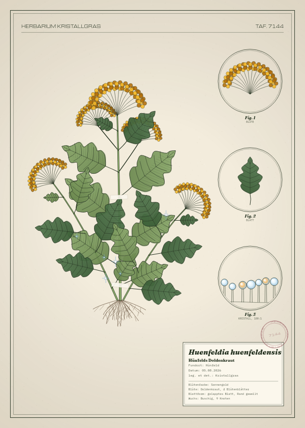Botanische Tafel: Huenfeldia huenfeldensis, eine erfundene Pflanze aus Hünfeld, gezeichnet wie in einem alten Pflanzenatlas