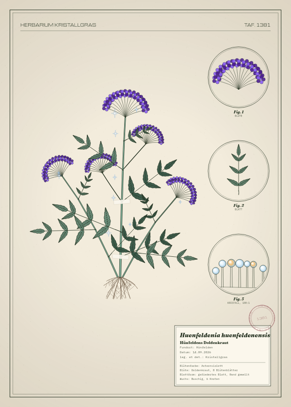 Botanische Tafel: Huenfeldenia huenfeldenensis, eine erfundene Pflanze aus Hünfelden, gezeichnet wie in einem alten Pflanzenatlas
