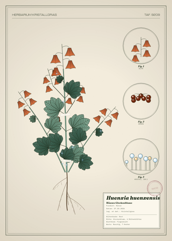 Botanische Tafel: Huenxia huenxensis, eine erfundene Pflanze aus Hünxe, gezeichnet wie in einem alten Pflanzenatlas