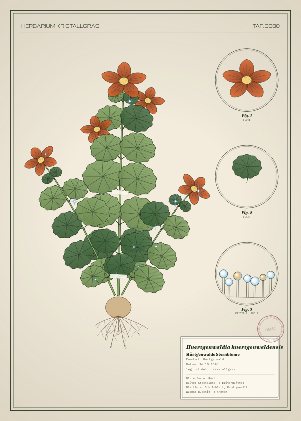 Botanische Tafel: Huertgenwaldia huertgenwaldensis, eine erfundene Pflanze aus Hürtgenwald, gezeichnet wie in einem alten Pflanzenatlas