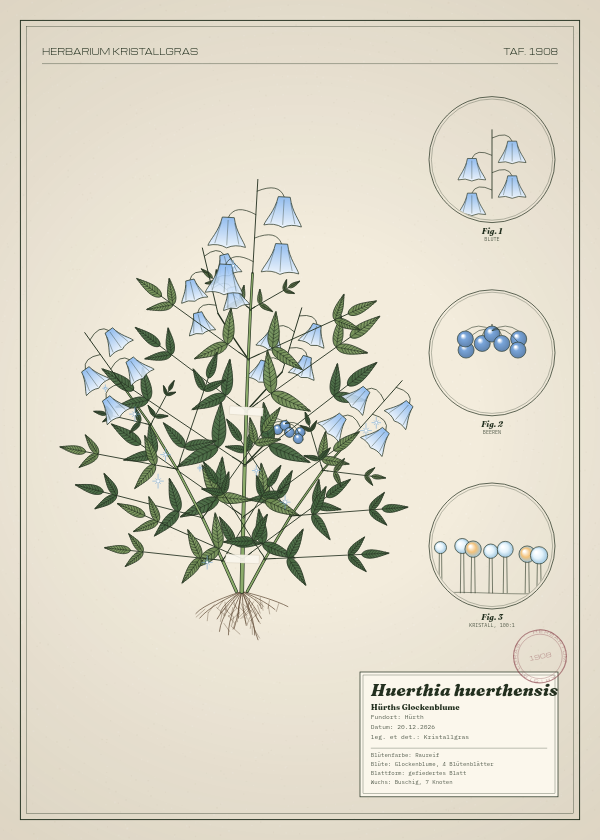 Botanische Tafel: Huerthia huerthensis, eine erfundene Pflanze aus Hürth, gezeichnet wie in einem alten Pflanzenatlas
