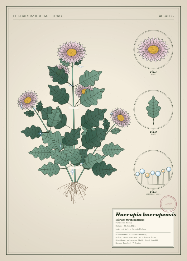 Botanische Tafel: Huerupia huerupensis, eine erfundene Pflanze aus Hürup, gezeichnet wie in einem alten Pflanzenatlas