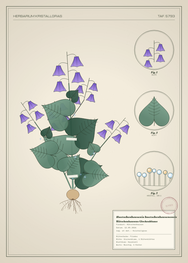 Botanische Tafel: Huetschenhausenia huetschenhausenensis, eine erfundene Pflanze aus Hütschenhausen, gezeichnet wie in einem alten Pflanzenatlas