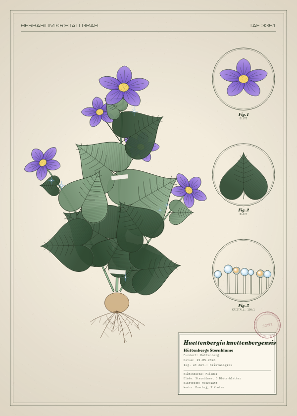 Botanische Tafel: Huettenbergia huettenbergensis, eine erfundene Pflanze aus Hüttenberg, gezeichnet wie in einem alten Pflanzenatlas