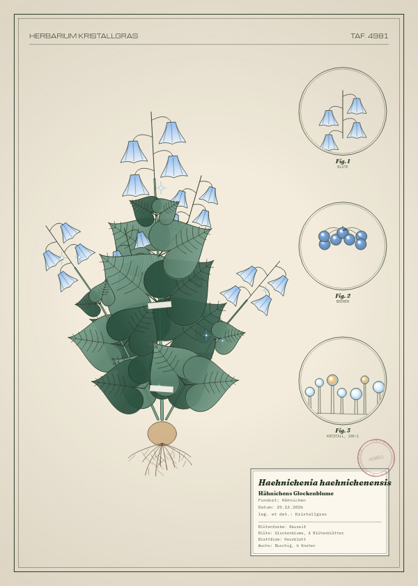 Botanische Tafel: Haehnichenia haehnichenensis, eine erfundene Pflanze aus Hähnichen, gezeichnet wie in einem alten Pflanzenatlas