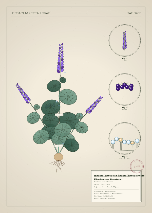 Botanische Tafel: Haemelhausenia haemelhausenensis, eine erfundene Pflanze aus Hämelhausen, gezeichnet wie in einem alten Pflanzenatlas
