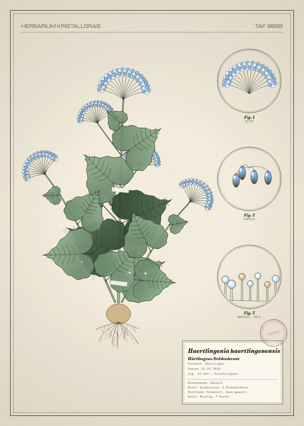 Botanische Tafel: Haertlingenia haertlingenensis, eine erfundene Pflanze aus Härtlingen, gezeichnet wie in einem alten Pflanzenatlas