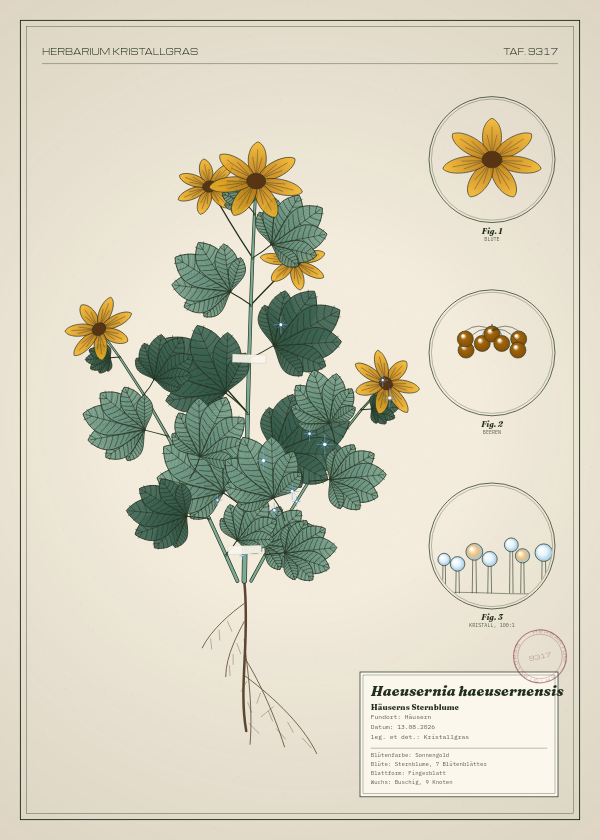 Botanische Tafel: Haeusernia haeusernensis, eine erfundene Pflanze aus Häusern, gezeichnet wie in einem alten Pflanzenatlas