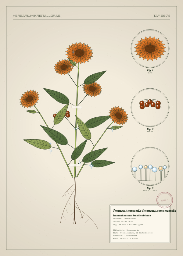 Botanische Tafel: Immenhausenia immenhausenensis, eine erfundene Pflanze aus Immenhausen, gezeichnet wie in einem alten Pflanzenatlas