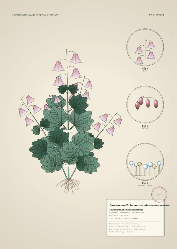 Botanische Tafel: Immenstaadia immenstaadambodenseensis, eine erfundene Pflanze aus Immenstaad am Bodensee, gezeichnet wie in einem alten Pflanzenatlas
