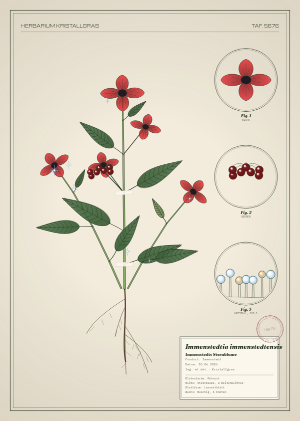 Botanische Tafel: Immenstedtia immenstedtensis, eine erfundene Pflanze aus Immenstedt, gezeichnet wie in einem alten Pflanzenatlas