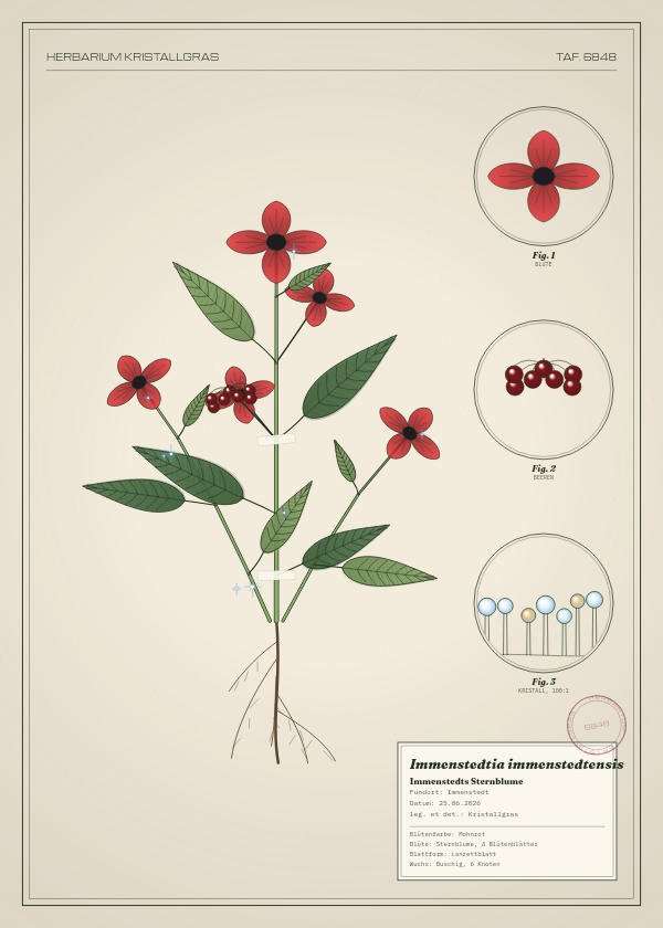 Botanische Tafel: Immenstedtia immenstedtensis, eine erfundene Pflanze aus Immenstedt, gezeichnet wie in einem alten Pflanzenatlas